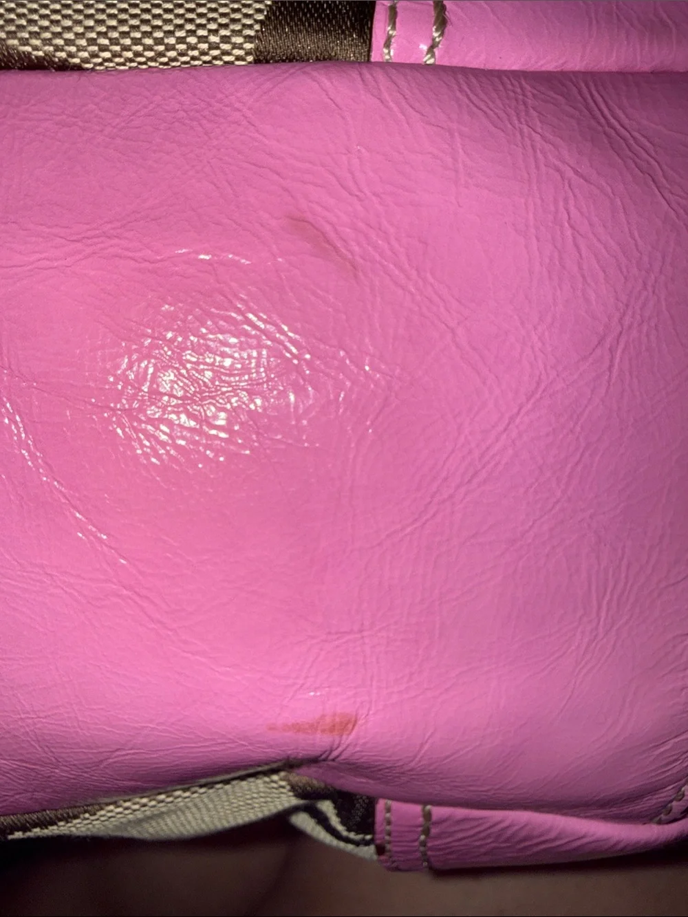 Coach Brown Signature Kiss Lock Hobo Bag with Pink Patent Leather Trim